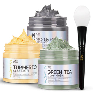 ANAIRUI Deep Cleansing Facial Mask Set with Turmeric Face Mask, Green Tea Clay Mask, Dead Sea Minerals Mud Mask-210g 7.5 oz