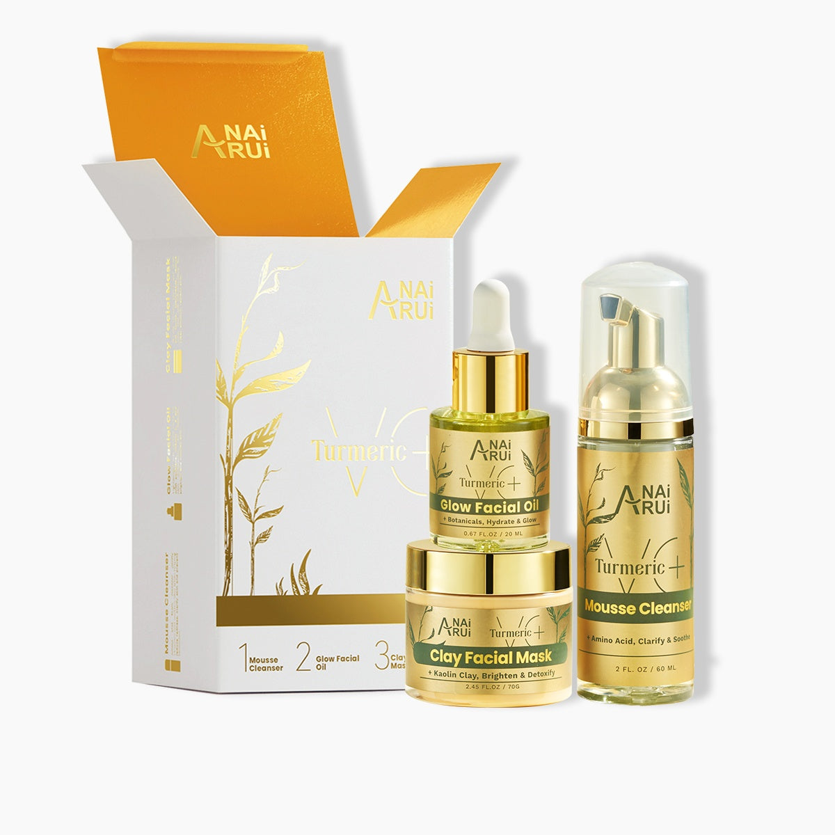 ANAIRUI Set per la cura della pelle del viso alla curcuma con maschera all'argilla, detergente in schiuma di mousse, olio viso luminoso per illuminare, pulire, kit per la cura nutriente