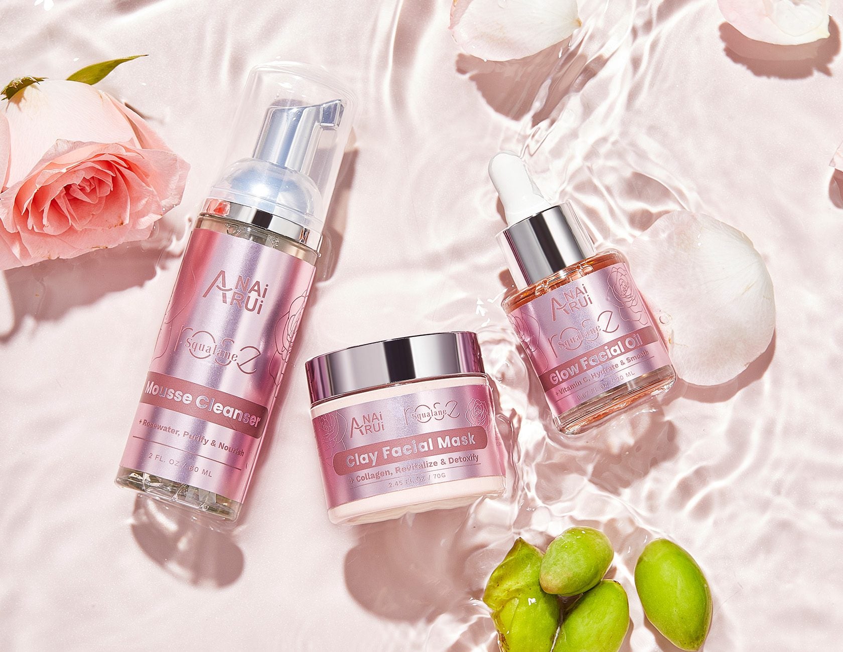 ANAiRUi Rose & Squalane skincare kit includes foam cleanser +