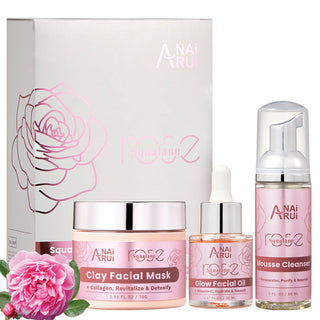 ANAIRUI Rose Facial Skin Care Set with Squalane Clay Mask, Rose Vitamin C Face Oil, Rosewater Foam Cleanser