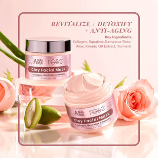 ANAIRUI Rose Facial Skin Care Set with Squalane Clay Mask, Rose Vitamin C Face Oil, Rosewater Foam Cleanser