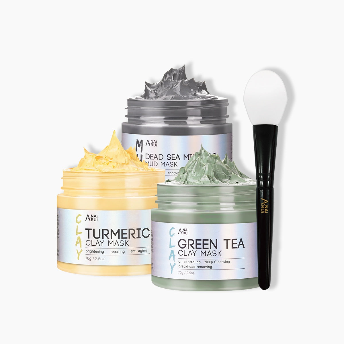 ANAIRUI Set di maschere per il viso antietà (maschera per il viso alla curcuma, maschera per il viso all'argilla al tè verde, maschera al fango ai minerali del Mar Morto) 210 g 7,5 oz