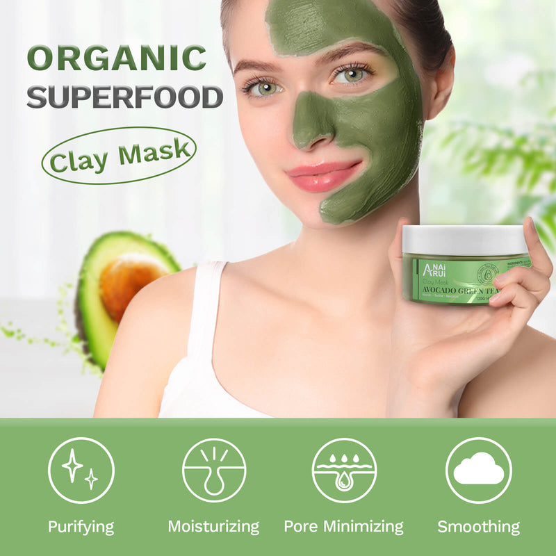 ANAIRUI Avocado Clay Face Mask with Green Tea for Skin Cleansing, Moisturizing Facial Mask 120g 4.23oz