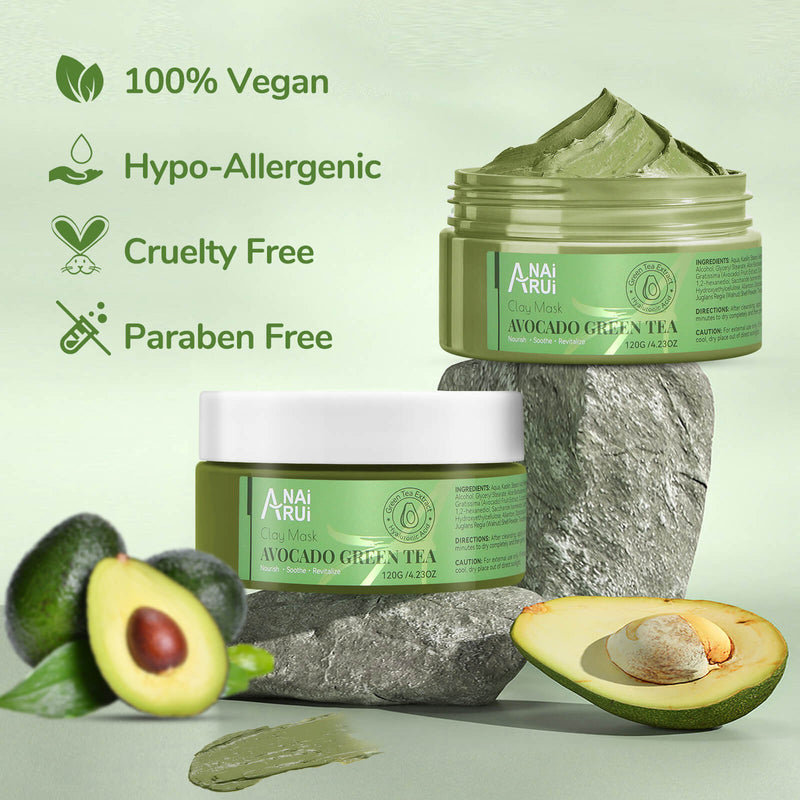 ANAIRUI Avocado Clay gezichtsmasker met groene thee voor huidreiniging, hydraterend gezichtsmasker 120g